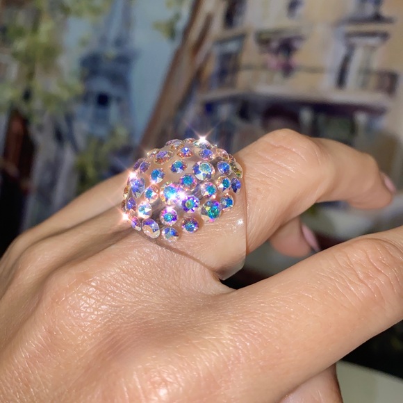 Aurora Borealis Swarovski Crystal Ring, Clear Lucite Ring, AB Crystal Dome Ring - Picture 5 of 10